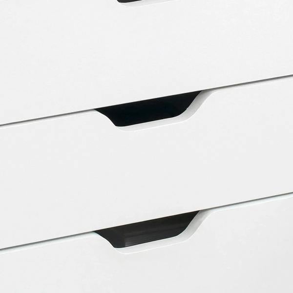Close-up of black drawer pull handles on a white seven-drawer filing cabinet