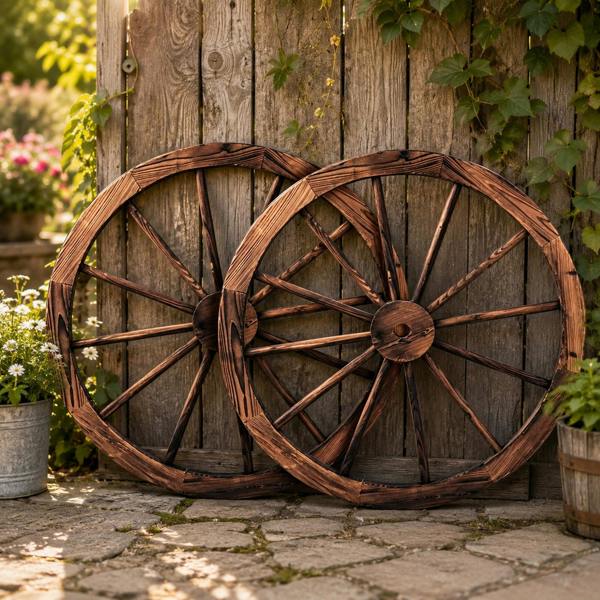 Gr8 Garden Set of 2 Rustic Wooden Garden Cart Wagon Wheels 76cm Wall & Fence Decor
