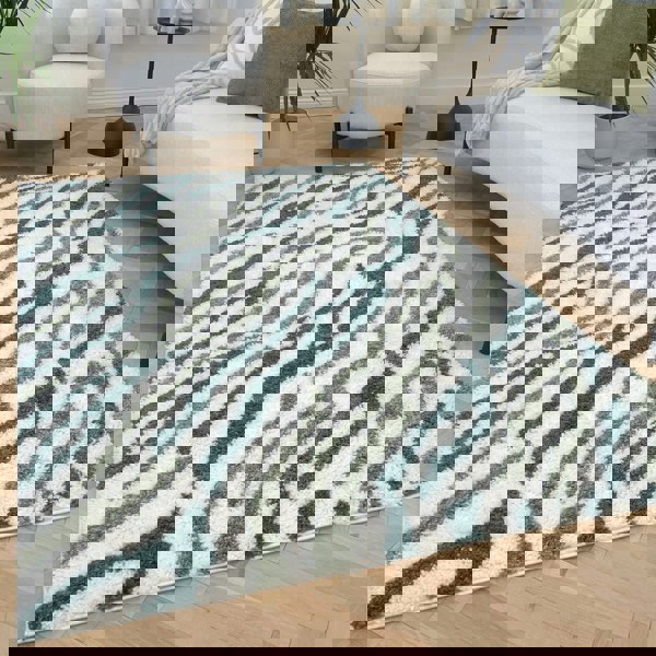 Moodi Shaggy Green Rug, abstract design, 30 mm plush pile | THE RUGS