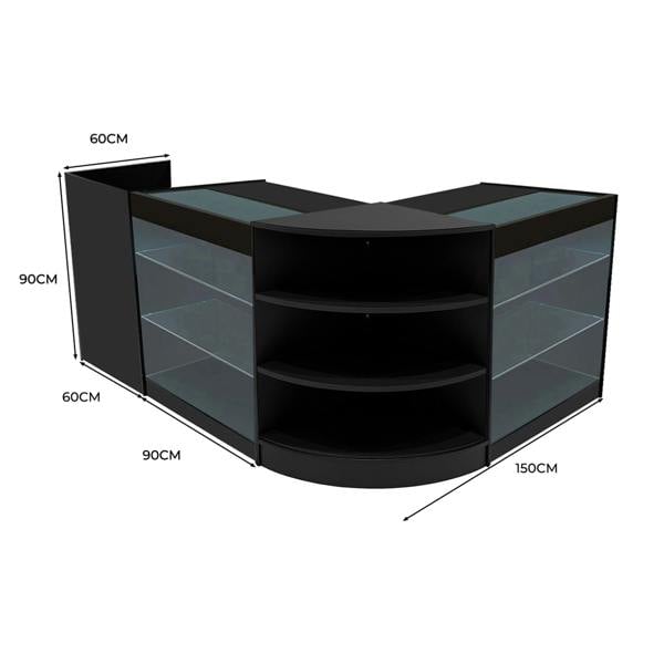 Astro LED Shop Counter Set in black features a sleek design with glass shelves, measuring 150cm wide and 90cm tall, ideal for retail displays