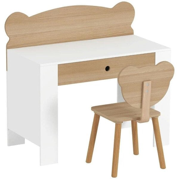 Kids Desk and Chair Set with Drawer for Drawing, Reading, Bear Theme Children Furniture for Bedroom, Daycare, Natural