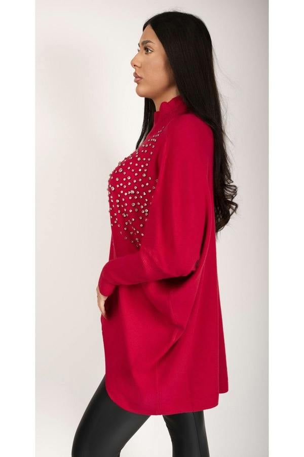 Jaira Oversized Knitted Jumper With Studded Star Detail - Red
