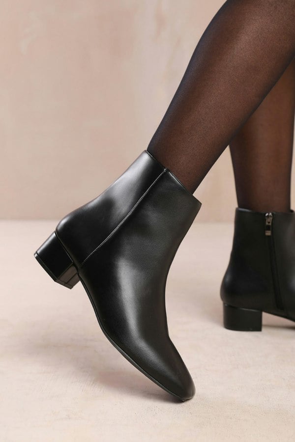 Where's That From Philadelphia Wide Fit Low Block Heel Ankle Boot With Side Zip in Black Faux Leather