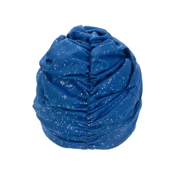Royal blue starry night fabric swim cap with metallic accents