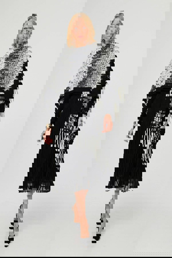 Black | Scarf Printed Fringed Oversized Poncho
