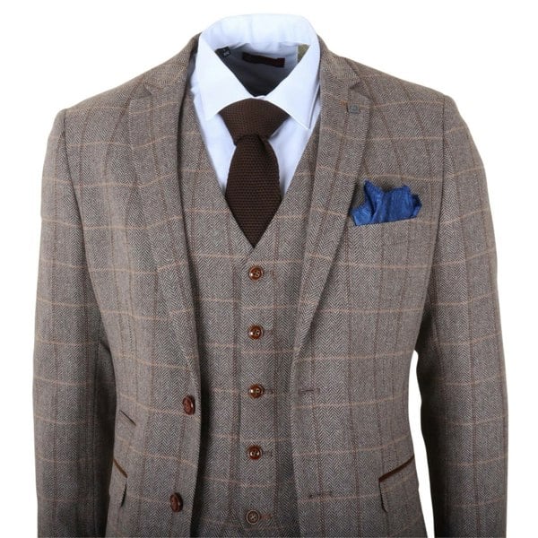Paul Andrew Harris - Men's Brown 3 Piece Herringbone Check Tweed Suit