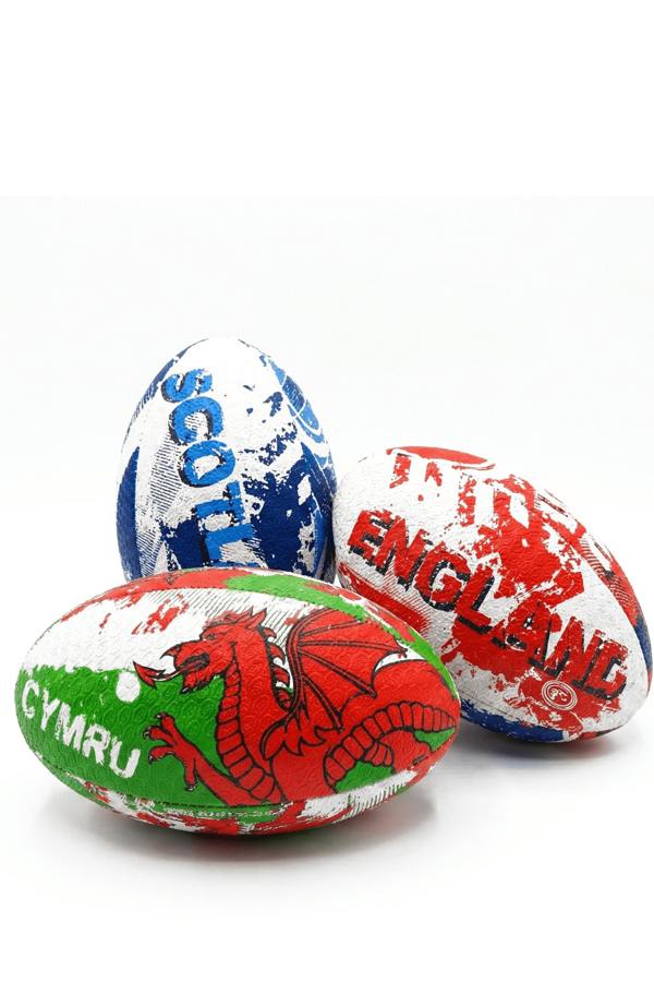 Scotland, England and Wales Optimum rugby balls arranged together on a plain white background - Optimum
