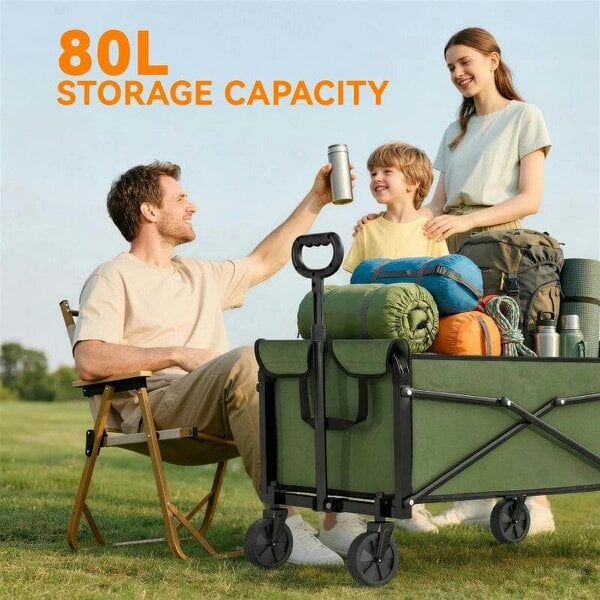 Bobobiy 81L Festival Trolley on Wheels, Compact Garden Folding Trolley Cart with Adjustable Handle 80L Green