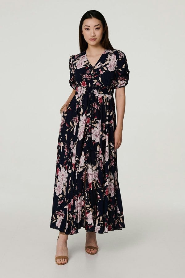 Navy | Floral 3/4 Sleeve A-Line Maxi Dress