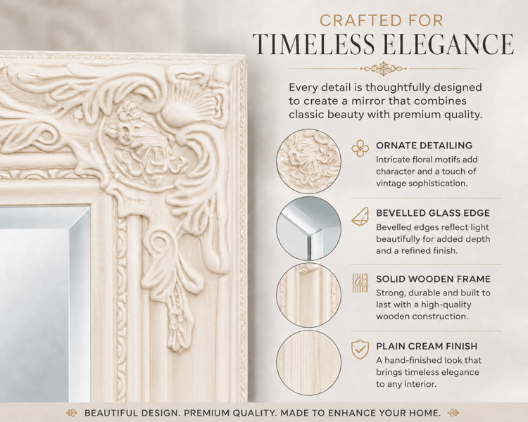 Downton Interiors Antique Style Cream Tall Ornate Dressing Wall Mirror with Bevelled Glass 142cm