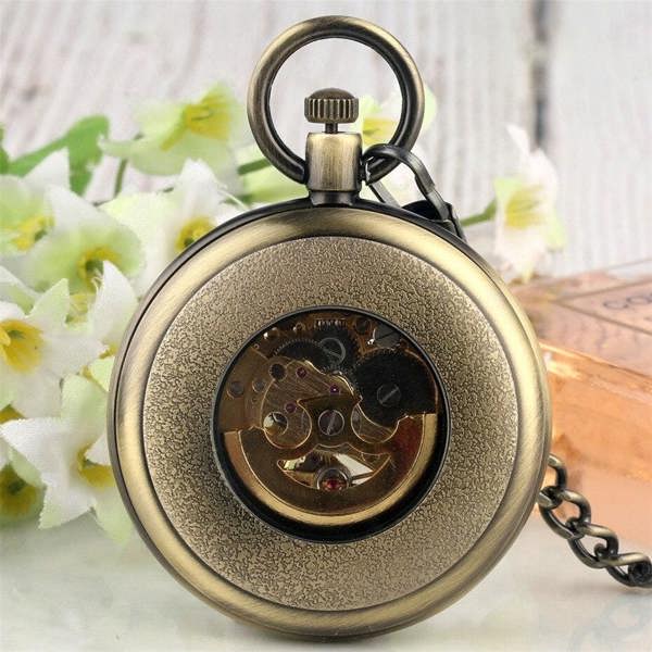 Infinity Leather Mechanical Bronze Skeleton Antique Open Face Pocket Watch
