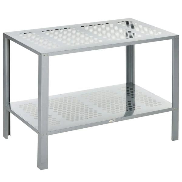 2-tier plant stand with perforated mesh shelves and steel frame, silver, freestanding.
