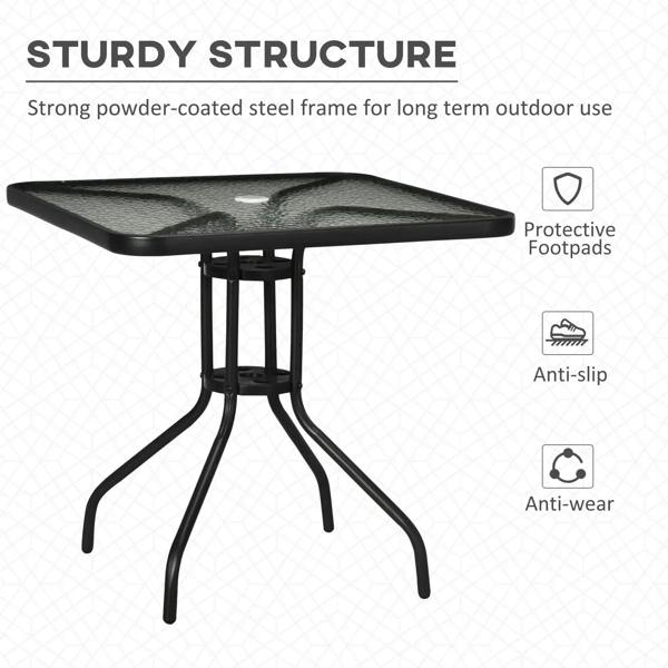 Black square outdoor dining table with tempered glass top on sturdy steel base