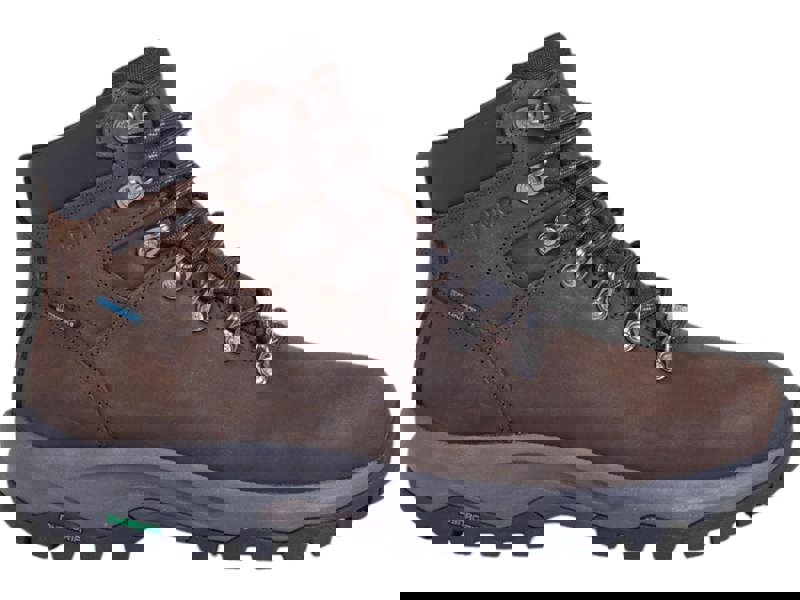 Karrimor Mendip 4 Womens Waterproof Hiking Trekking Ankle Boots, brown leather hiking boots with waterproof features, lace-up design with metal eyelets, padded ankle collar, and rugged outsole for outdoor trekking.
