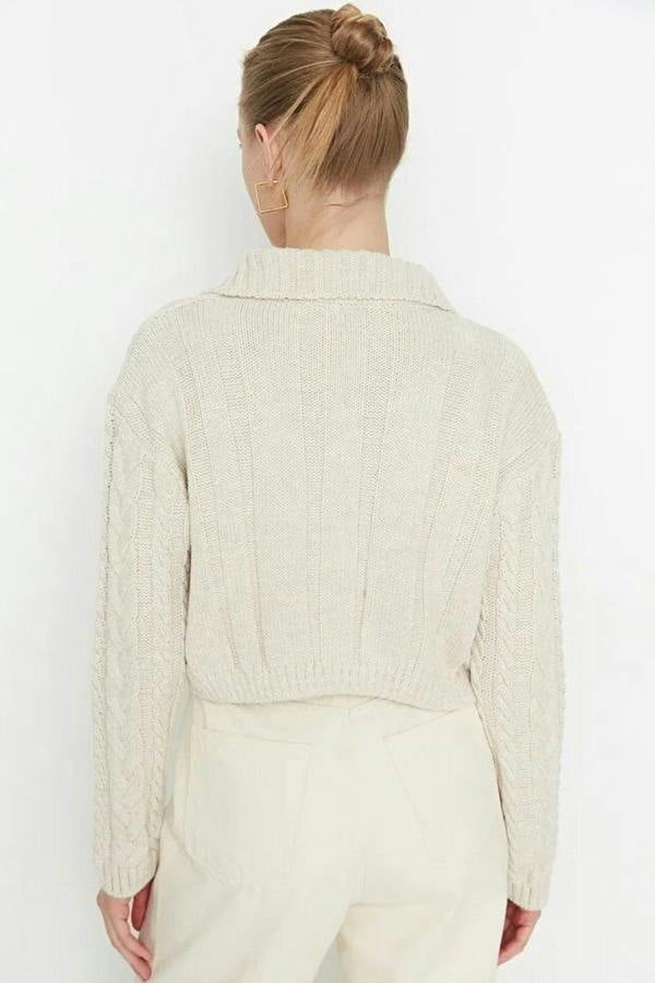 WOVCOR Crop Polo Neck Knit Cardigan with Covered Button Detail