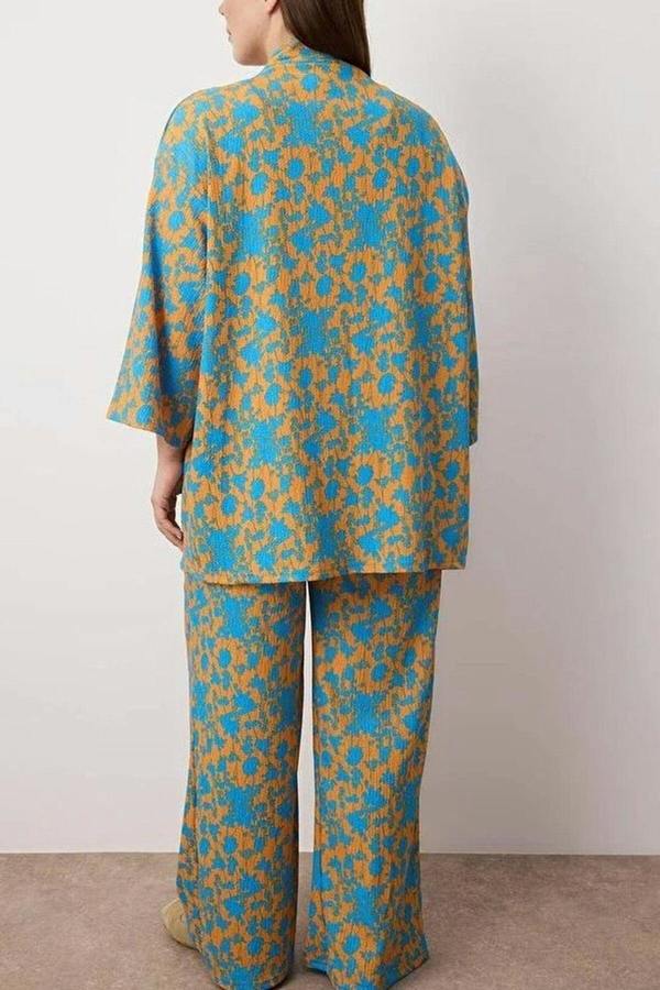 WOVCOR 2- Piece Straight Relaxed Fit Flexible Kimono Knit Plus Size Top and Bottom Set