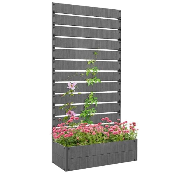Dark grey raised planter box with trellis slats and pink flowering plants.