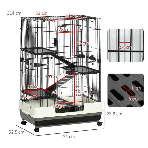 Four-tier small animal cage with black ramps and wire panels, shown with size markings