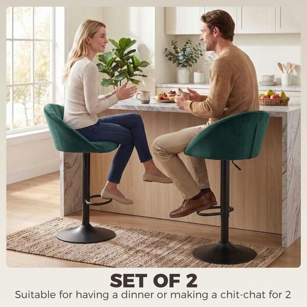 Bar Stools Set of 2 Adjustable Swivel Velvet Breakfast Bar Stools with Backrest, Dark Green