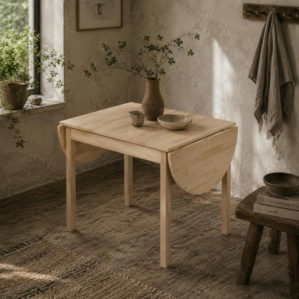 Wyld Haus Fico Solid Wood Natural Drop Leaf Dining Table Seating 4 To 6