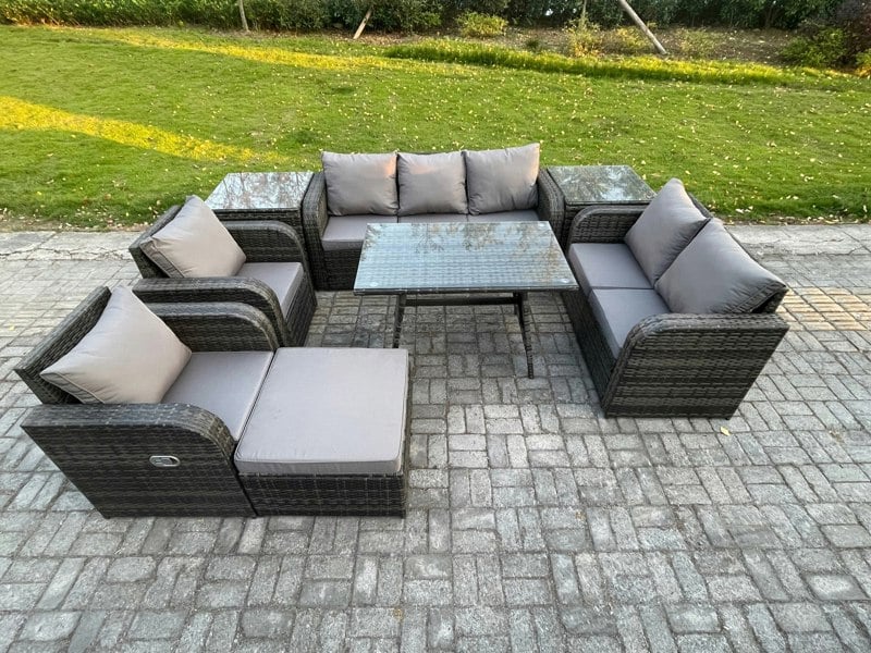 Fimous 8 Seater High Back PE Rattan Outdoor Dining Set - Reclining Chair, 3-Seater Sofa, Loveseat & 2 Side Tables