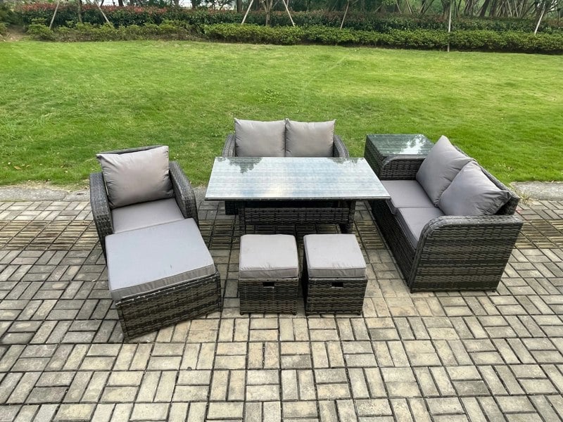 Fimous 8 Seater Lounge Rattan Sofa Set Outdoor Garden Furniture Oblong Rectangular Dining Table With Chairs 3 Footstools Side Table Dark Grey Mixed