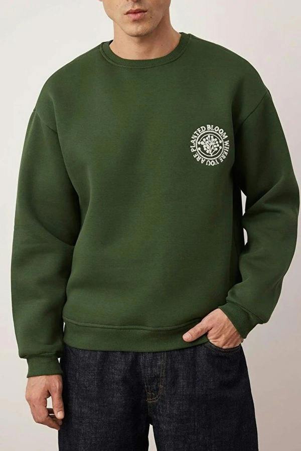 WOVCOR Floral Embroidered Cotton Men's Sweatshirt with Fleece Lining