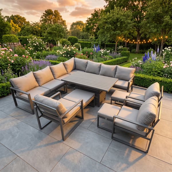 Fimous 13 Seater Aluminium L-shaped Garden Furniture Set with Adjustable Rising Dining Table, 3 Footstools, 3 Chairs - Dark Grey