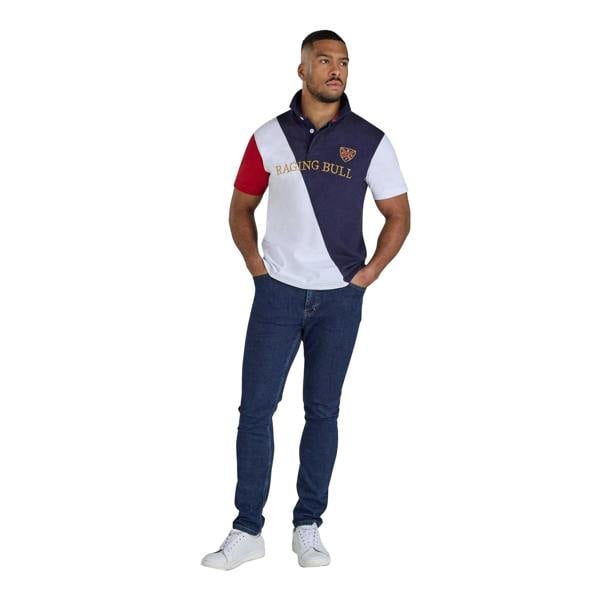 Raging Bull Mens Diagonal Stripe Pique Rugby Polo Shirt - Navy/White/Red - 