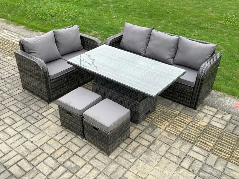 Fimous Outdoor Rattan Garden Furniture Set - Dark Grey Mixed Height Adjustable Rising Lifting Dining Table Lounge Sofa Set with Love Sofa