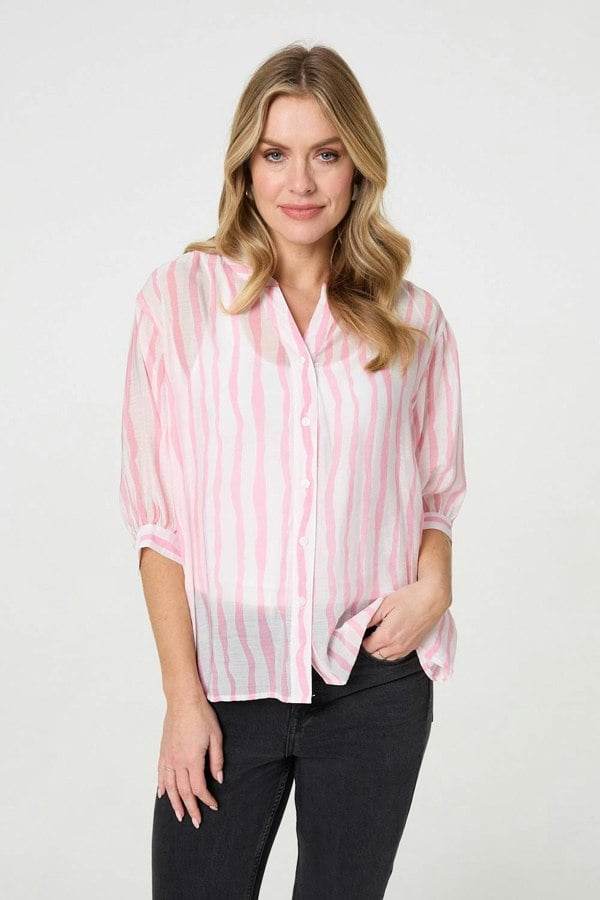 Pink | Striped Sheer 3/4 Sleeve Relaxed Shirt
