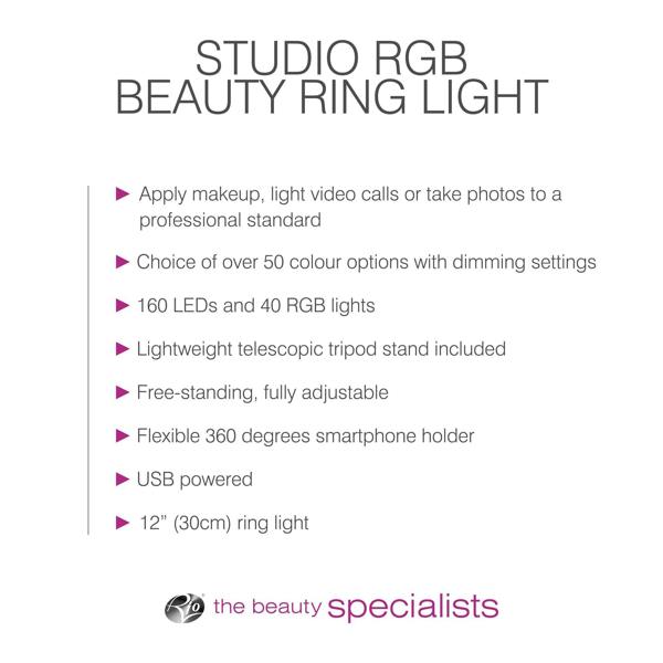 Features of the Rio Studio RGB Beauty Ring Light: 160 dimmable LEDs, 40 color options, tripod stand, phone holder, USB powered, and a 12-inch ring. Logo: “the beauty specialists.” Perfect for vibrant color capture.