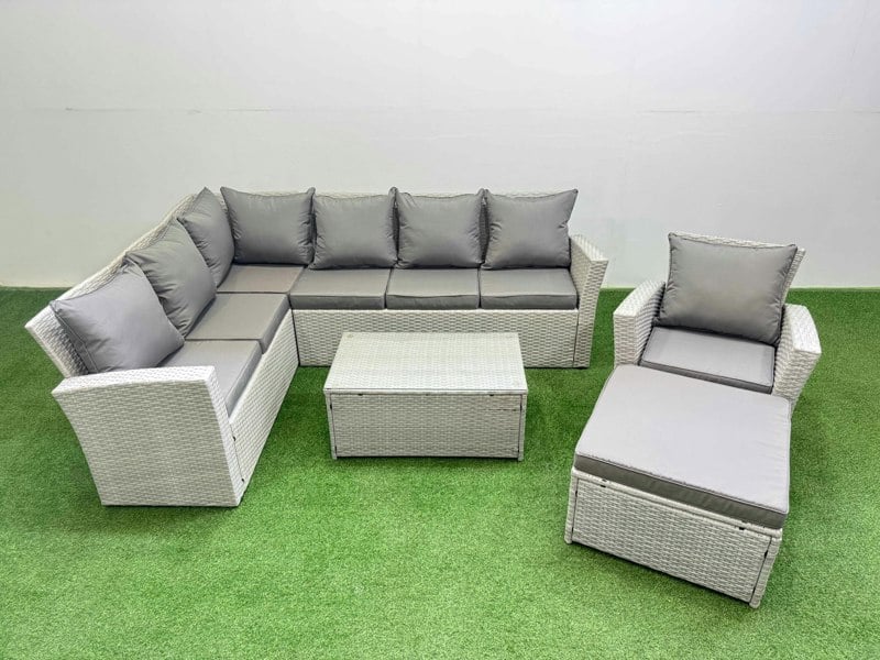Fimous 8 Seater Garden Outdoor PE Rattan Furniture Set Rattan Garden Sofa Sets with Big Footstool Light Grey Mixed