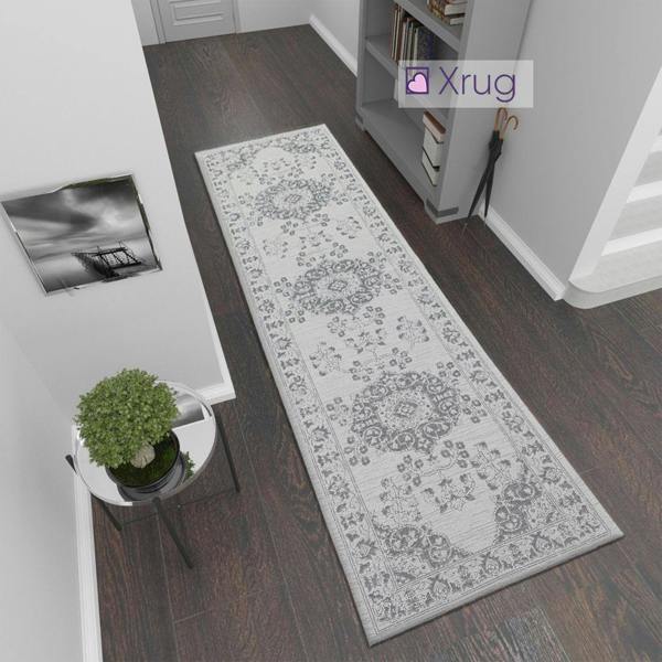 Oriental Rug Runner 100% Cotton Natural Hallway Carpet Washable Natural Woven Mat - 75x300cm - Light Grey Runner