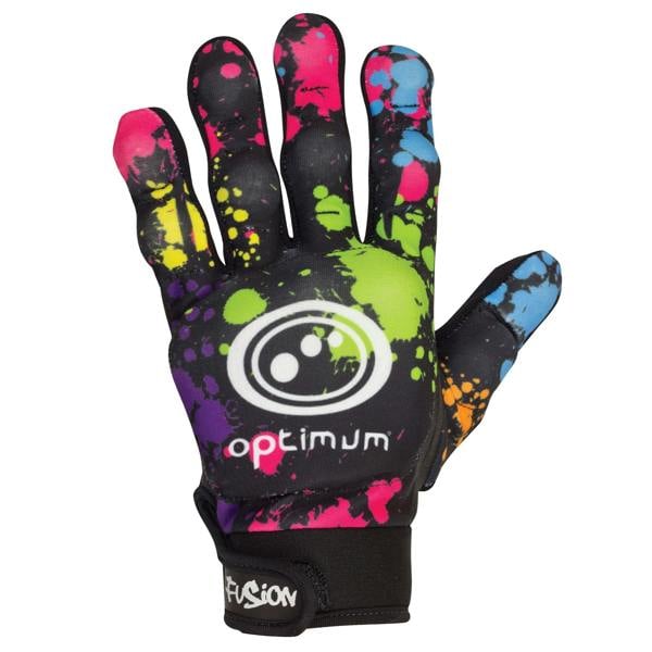 Black Optimum Fusion full-finger hockey glove with multi-colour paint-splatter print and white logo, on white - Optimum