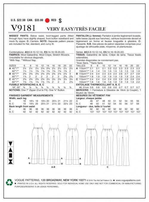 Vogue Sewing Pattern 9181, Trousers for Women, A5 (6-8-10-12-14) - Easy