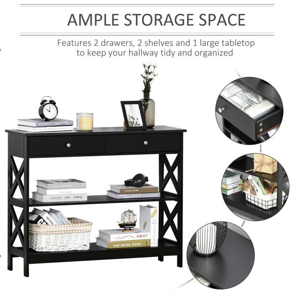 Black console table with two drawers and open shelves, X-frame legs and pull knobs