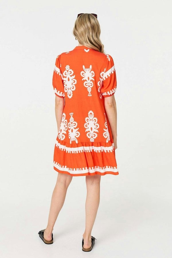 Orange | Printed Lace Trim Relaxed Short Shirt Dress