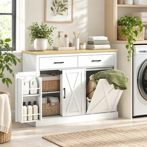 Tilt Out Trash Cabinet with Charging Station, Kitchen Island with Storage, 57 Liter Hidden Rubbish Bin Storage, White