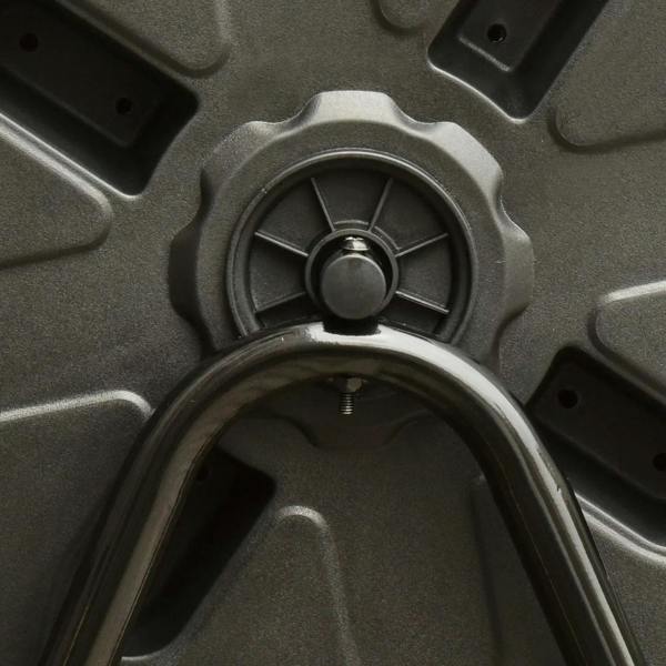 Close-up of circular ventilation hub on a black composter drum