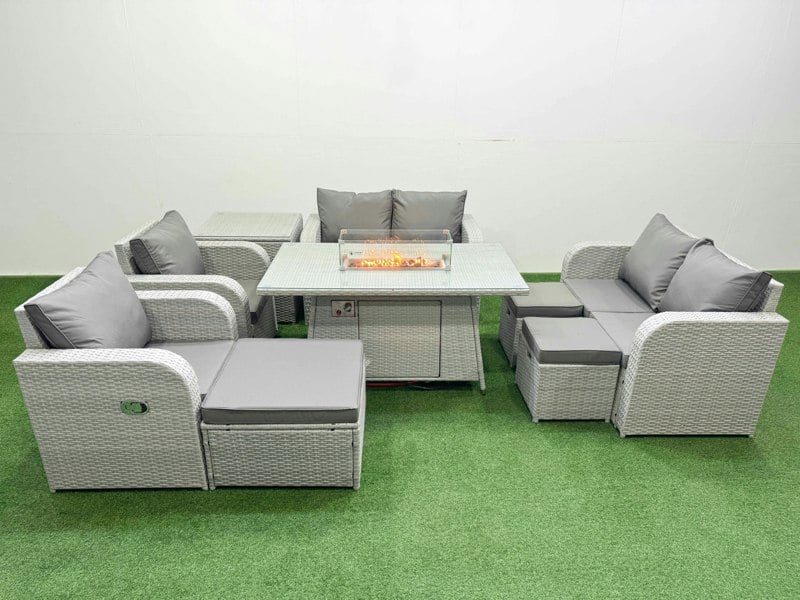 Fimous 9 Seater Outdoor Reclining Chair Love Sofa Set Rattan Garden Furniture Set with Fire Pit Dining Table 3 Stools Side Table Light Grey
