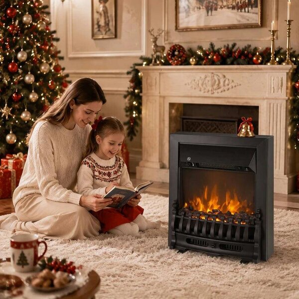 Electric Fireplace Stove Freestanding/ Inset, 1000W/2000W, Electric Fire Heater with LED Flame Effect, Coal Logs, Black