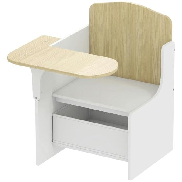 Kids desk and chair set with storage bins, wood back and seat, white frame