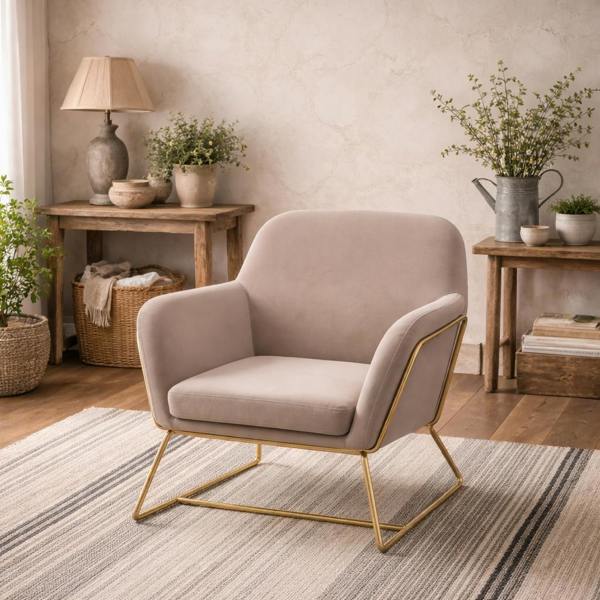 Wyld Haus Marseille Beige Velvet Upholstered Armchair Gold Metal Legs