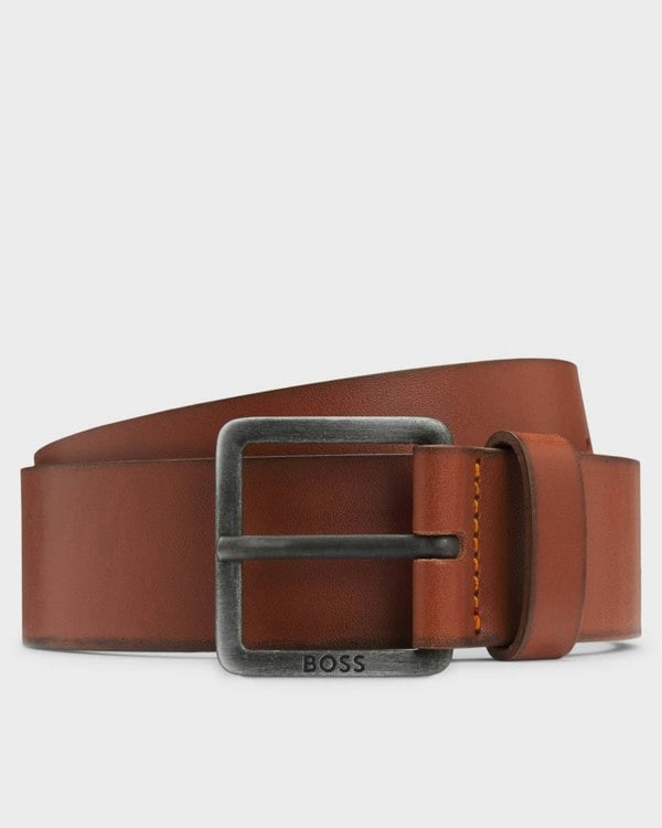BOSS Orange Jeeko Mens Leather Belt with Logo Buckle - Medium Brown 210