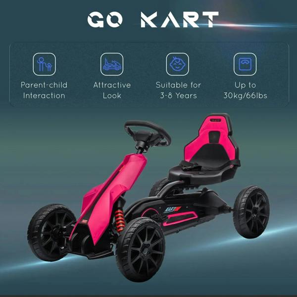 Pink kids pedal go-kart with adjustable seat, handbrake handle, and large EVA wheels