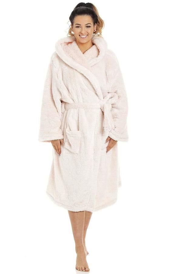 Camille Women's Hooded Bathrobe in Pink Soft Fleece Fluffy Dressing Gown