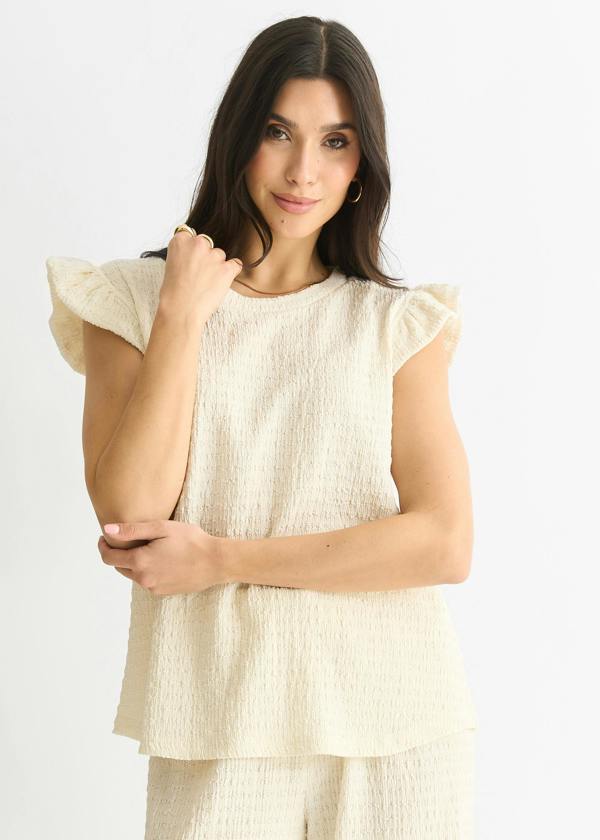 Gini London Ivory Frill Sleeves Textured Oversized Top