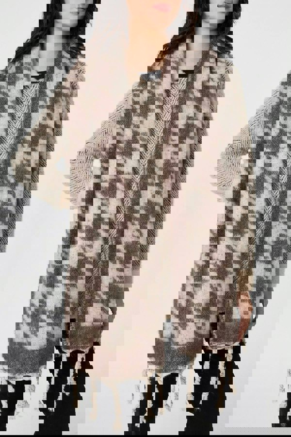 Blue | Houndstooth Print Oversize Fringed Scarf
