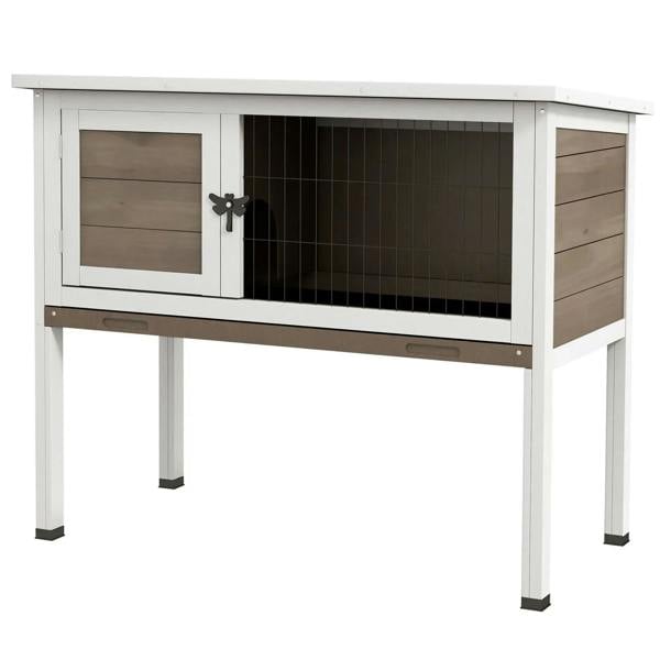 Brown wooden guinea pig hutch with front windows and metal wire door